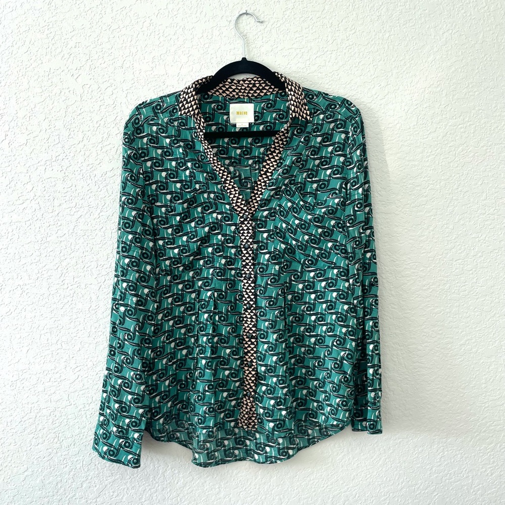 Anthropologie Teal Patterned Button-Down Shirt with Contrast Trim